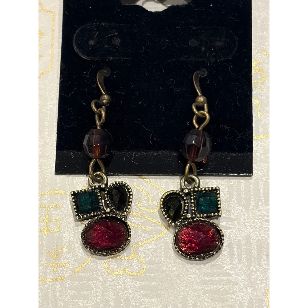 Vintage Style Jewel Tone Drop Earrings Bronze Geometric Red Green Boho Dangle